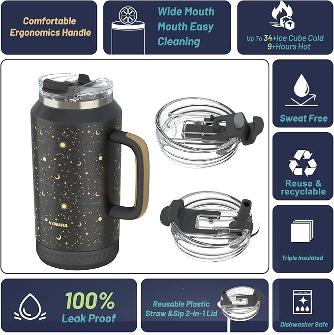 Hydraful 64 oz Tumbler with Handle and Straw - 100% Leak-Proof - Insulated Cup Reusable Stainless Steel Large Water Bottle Travel Mug for Gym, Hiking, and Camping - Gifts for Women Men Him Her
