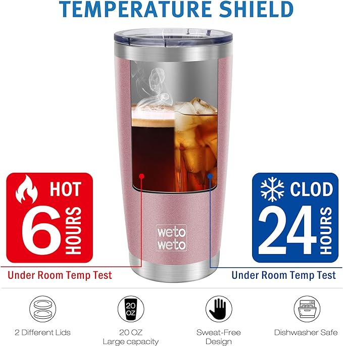 WETOWETO 20oz Tumbler, Stainless Steel Vacuum Insulated Coffee Travel Mug, Double Wall Powder Coated Insulated Coffee Mug Travel Mug with Lid Thermal Cup for Outdoor, Rose Gold, 6 Pack