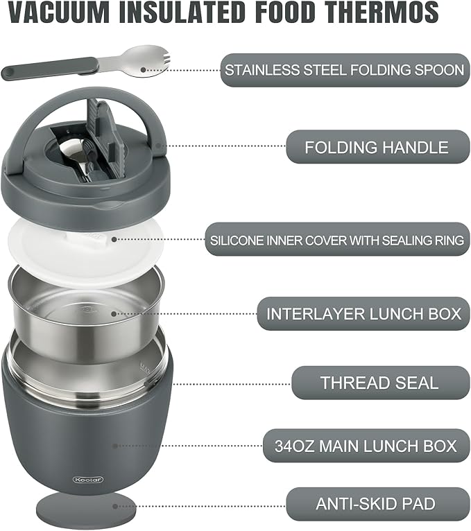 Soup Thermo for Hot Food Adults 32OZ Lunch Containers Wide Mouth Hot Food Jar Vacuum Insulated Stainless Steel Bento Box Leakproof with Spoon (Grey)