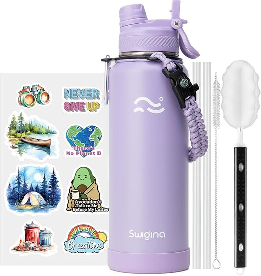 [2-IN-1 LID] Insulated Water Bottle with Silicone Boot (36hrs Cold/18hrs Hot) - DIY Stickers, Leakproof, BPA Free, 40 oz