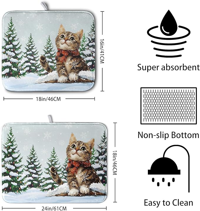 Cat Snow Pine Tree Winter Kitchen Dish Drying Mat 16x18 Inch Cute Kitten Animal Dish Mat Christmas Holiday Super Absorbent Dish Drying Pads Microfiber Dish Drying Mat for Kitchen Counter Sink