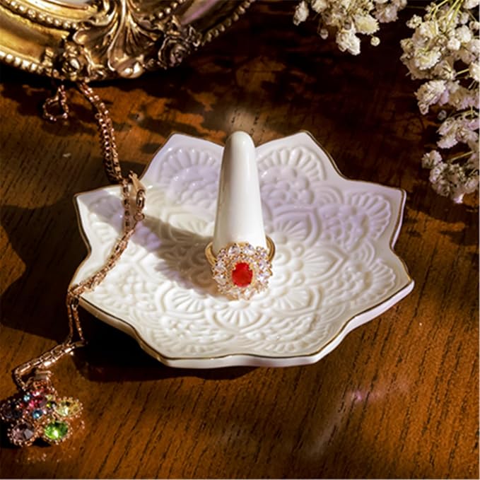Ceramic Mandala Ring Holder, Decorative Jewelry Dish, Trinket Tray Room Decor, Engagement Wedding Birthday Gifts for Women (white)