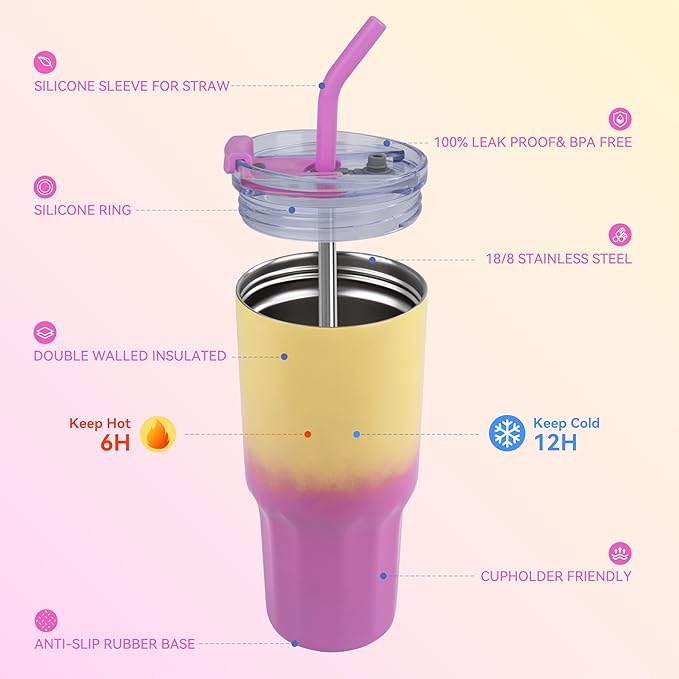 VEGOND 30 oz Insulated Stainless Steel Tumbler with lid and straw Double Wall Vacuum Travel Coffee Mug with Non-Slip Silicone Base, Sweat Proof Powder Coated Cup for Hot Cold Drinks, Pink and Yellow