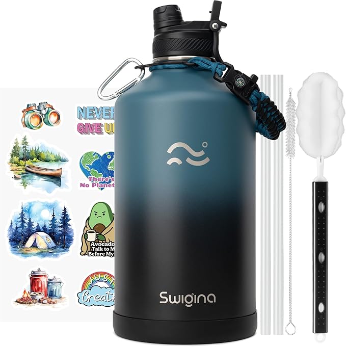 [2-IN-1 LID] Gallon Insulated Water Bottle with Silicone Boot (48hrs Cold/24hrs Hot) - DIY Stickers, Leakproof, BPA Free, 128 oz