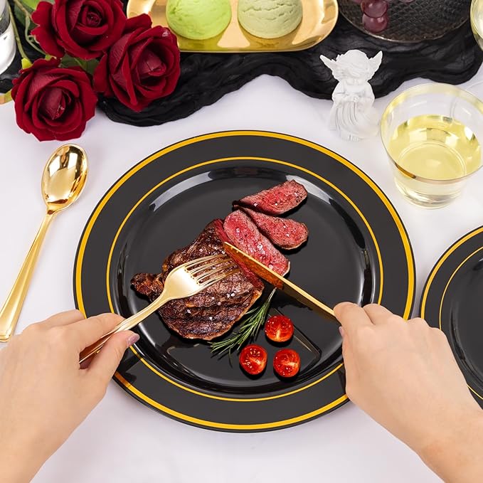 bUCLA 300PCS Black and Gold Disposable Dinnerware Set - 50 Guests Black Plastic Plates with Gold Rim Include 50 Dinner / 50 Dessert Plates, 50 Forks,50 Knives,50 Spoons&50 Cups for Party&Halloween