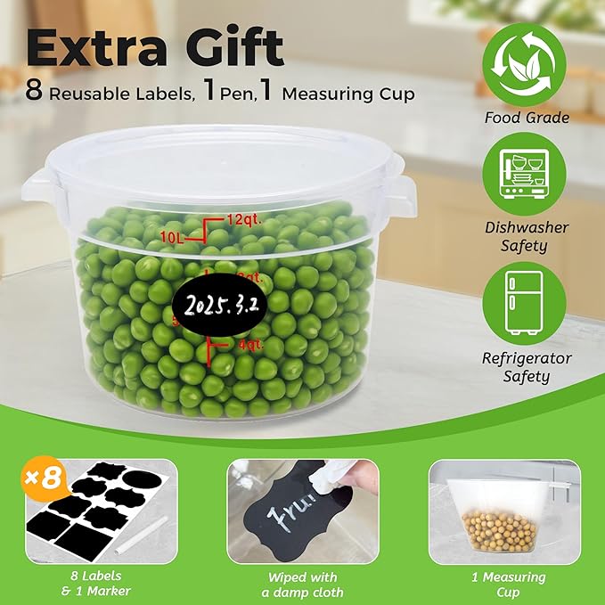 4 Pack Round Food Storage Containers with Lids, 12Qt Large Translucent, Polypropylene, BPA Free, Includes Labels & Measuring Cups