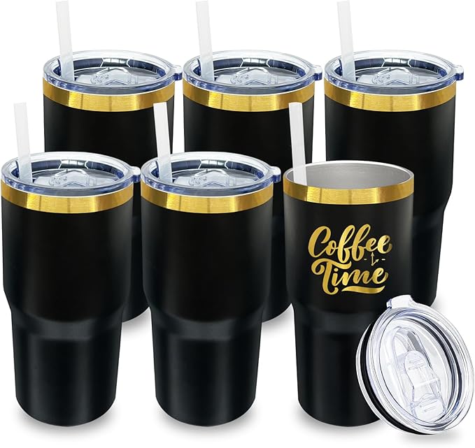 20 oz Tumbler Bulk 6 Pack Stainless Steel Tumblers with Lids and Straws, Double Wall Vacuum Insulated Travel Coffee Mug for Laser Engrave, Powder Coated Cups for Hot and Cold Drinks (Black,6 pack)