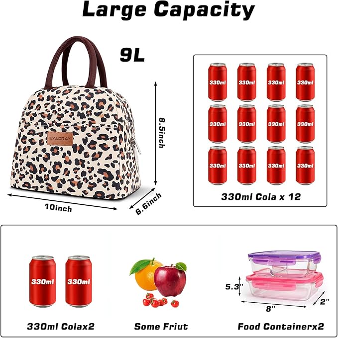 BALORAY Lunch Bag for Women Men Insulated Lunch Box for Adult Reusable Lunch Tote Bag for Work, Picnic or Travel (Beige with leopard)