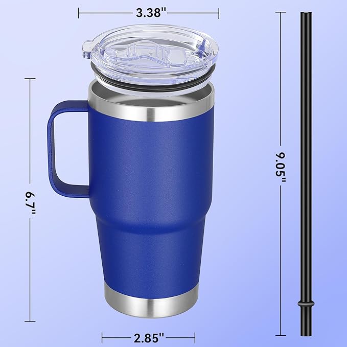 20 oz Stainless Steel Tumbler with Handle Bulk Metal Insulated Tumblers Travel Coffee Mug with Handle Double Wall Tumbler Cup with Lid and Straw, Blue 12 Pack