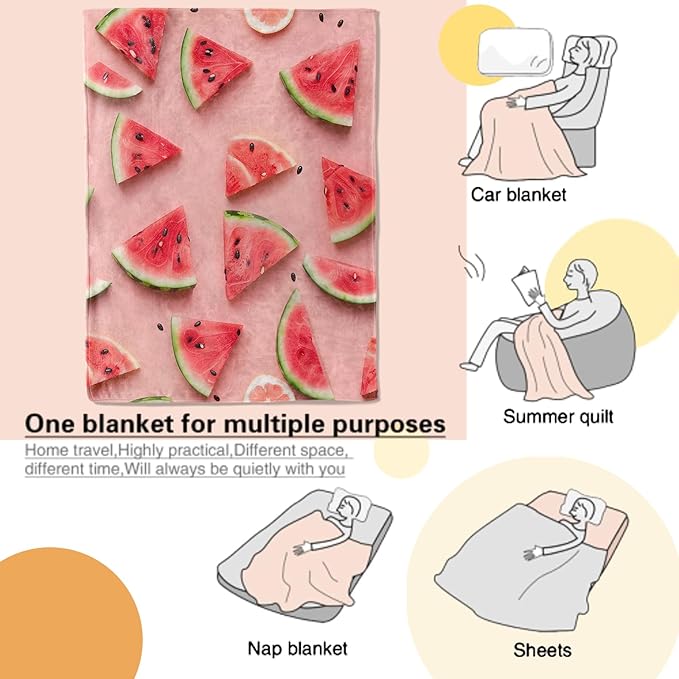 Watermelon Blanket Fresh Summer Fruit on Pink Background Throw Blankets Lightweight Flannel Throws for Camping Couch Chair Office Bed Home Decor Gifts for Adults,80x60inch
