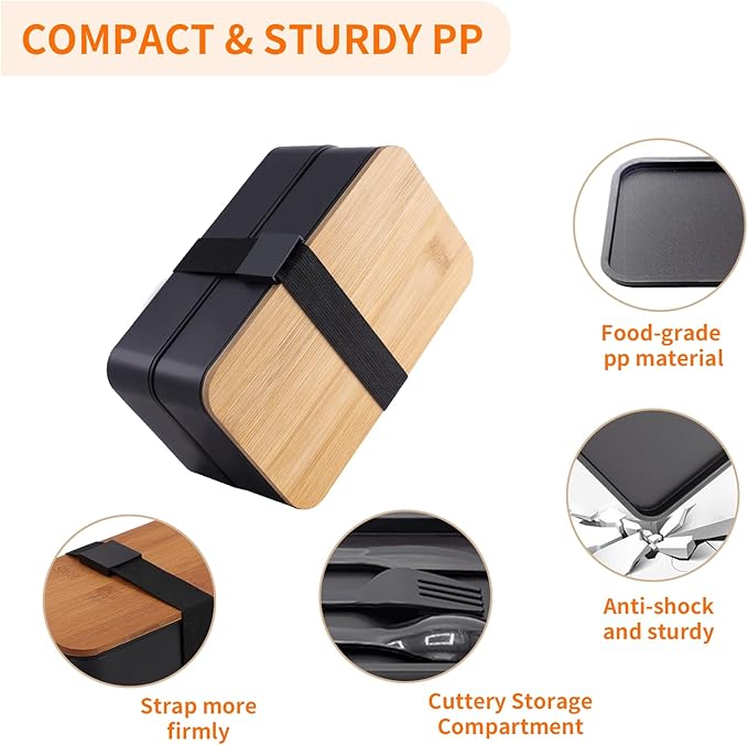 Bento Box Adult Lunch Box with lunch bag, Japanese Stackable Lunch Box Containers for Adult, Bento lunch Box with Dividers Black