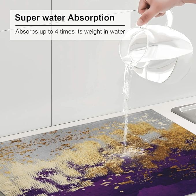 Purple Gold Abstract Art Dish Drying Mat for Kitchen Counter, 18" x 24" Absorbent Microfiber Drying Pad for Dishes, Decorative Kitchen Mat for Sink Area & Coffee Bar, Foldable Reversible Purple Decor
