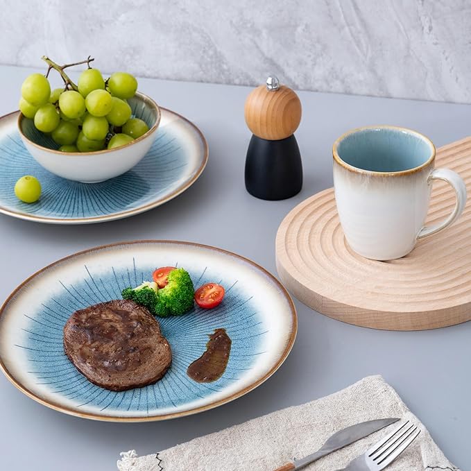 Blue Stoneware Dinnerware Set, 12 Pieces, Blue Stripe Marble, Dishwasher & Microwave Safe