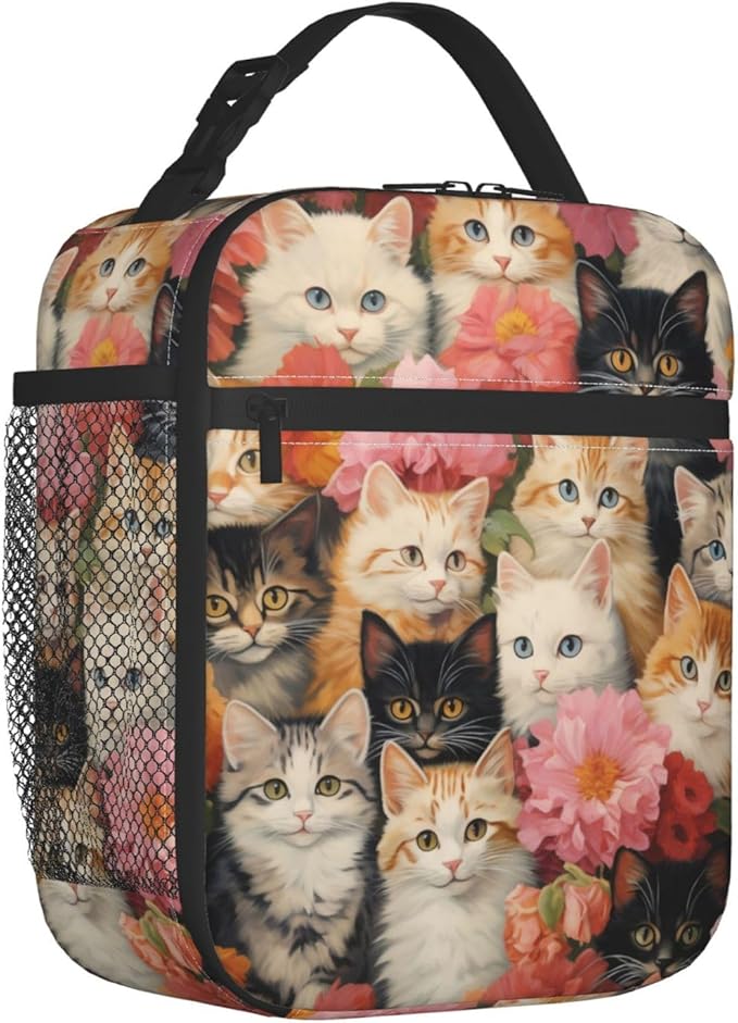Reusable Floral Cat Lunch Box for Kids, Insulated Cute Kitten Flower Bag,Polyester Cooler Pet Lovers Handbags Case for School Work Picnic Travel Beach or Hiking, Gifts