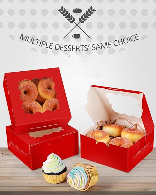 qiqee Bakery Box with Window 36packs 6x6x3 Red Cookie Boxes Pastry Box for Wedding Favor Party ＆ Birthday