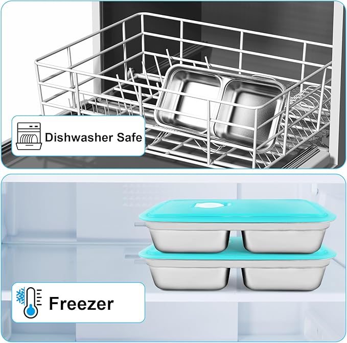 Zkptops 2Pcs Grab and Go Snack Containers Stainless Steel Reusable Snack Condiment Box with Lids Double Compartment Food Storage Container Dishwasher Divided Lunch Meal Container for School Travel
