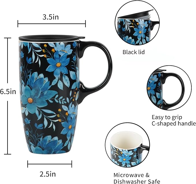 Topadorn Ceramic Mug Blue Flower Porcelain Coffee Mug with Gift Box,17oz. Blue Flower