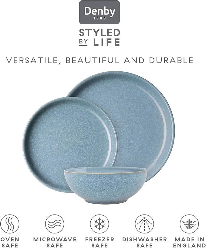 Denby - Elements Blue Dinner Set For 4-12 Piece Coupe Simple Ceramic Stoneware Tableware Set - Dishwasher Microwave Oven Safe - Scratch Chip Resistant