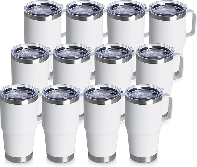 20oz Tumbler Bulk with Lid, Stainless Steel Tumbler Bulk with Handle, Metal Insulated Travel Coffee Mug Set with Handle, Double Wall Vacuum Leak Proof Tumbler Cup, White 12 Pack