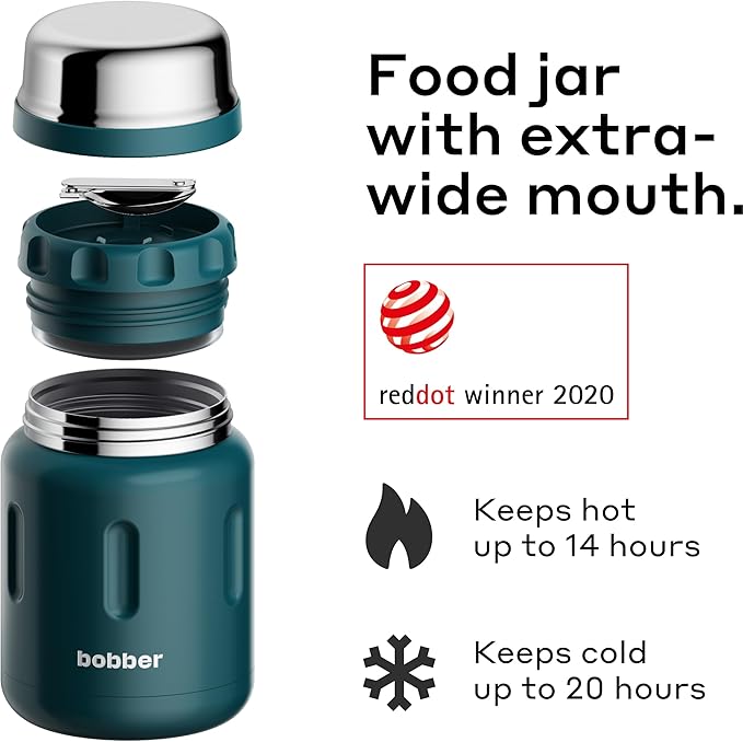 BOBBER 24 oz Wide Mouth Insulated Thermos Food Jar for Soup and Hot Food – Stainless Steel with Built-in Spoon and Bowl – Keeps Hot for 14 Hours, Cold for 20 Hours (Deep Teal)