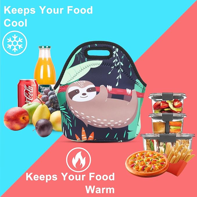 Violet Mist Womens Reusable Neoprene Lunch Bag Insulated Lunch Box Cute Sloth Animal Thermal lunch bags Bags Waterproof lunchbags Food Handbag Meal Prep Lunchbags Travel Work Gift for Women Men Adult