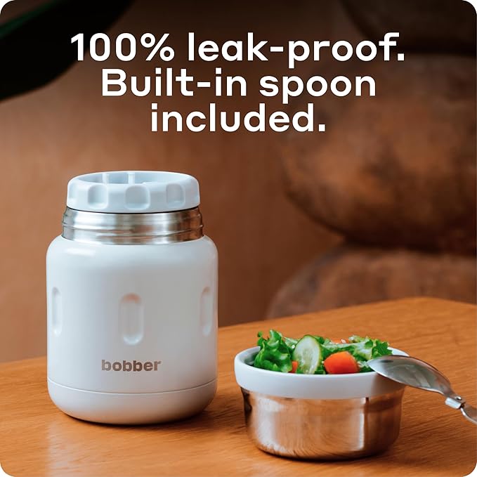 BOBBER 16 oz Insulated Stainless Steel Food Thermos for Hot Food, Extra-Wide Mouth Lunch Container for Adults with Spoon and Bowl, Dishwasher Safe - Keeps Meals Hot for 10 Hours (Grey)