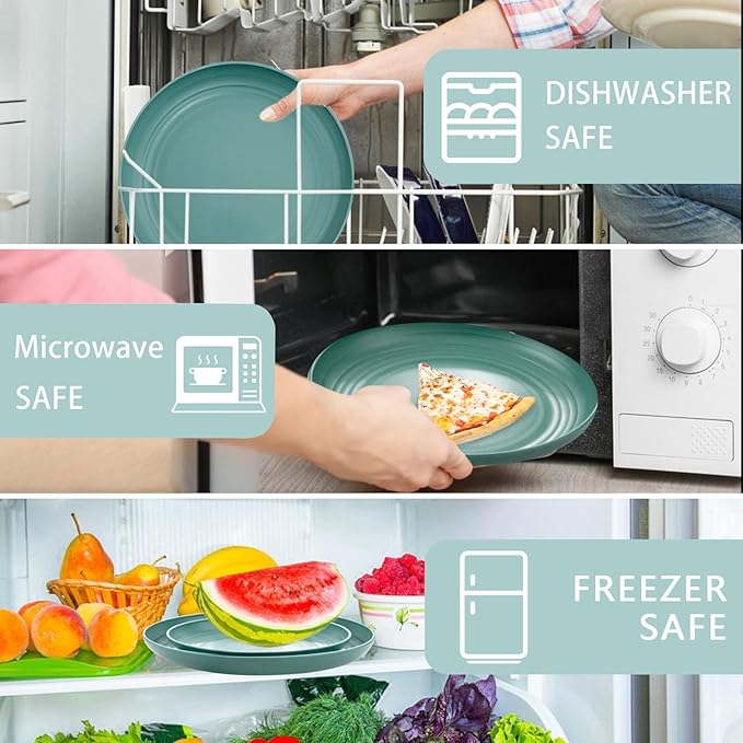 Supernal 32pcs Wheat Straw Dinnerware Sets,Dinnerware Sets for 8,Unbreakable Dinnerware,Reusable Tableware,Dark Green Set 16pcs Plates, 8pcs Bowls, 8pcs Cups,Microwave Dishwasher Safe