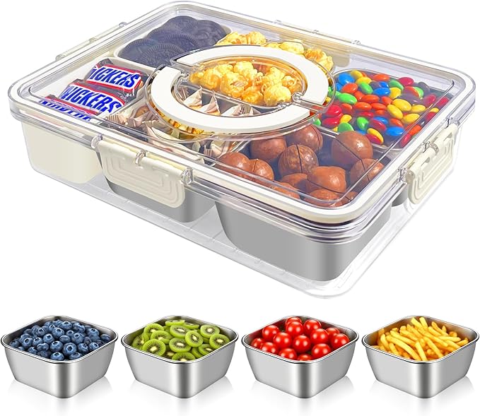 Snackle Box Container, Divided Serving Tray with Lid and Handle, Portable Stainless Steels Snack Platters, Charcuterie Container Veggie Tray with Lid for Fruits Candy Nuts, Perfect for Party Travel