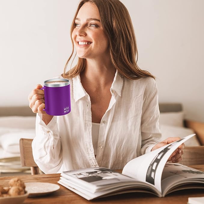 WETOWETO 14 oz Coffee Mug, Vacuum Insulated Camping Mug with Lid, Double Wall Stainless Steel Travel Tumbler Cup, Coffee Mugs Outdoor, Powder Coated Purple