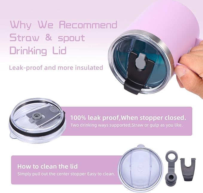 Volhoply 12oz Insulated Leakproof Coffee Mug with Flip & Straw Lid,Double Wall Vacuum Stainless Steel Travel Cafe Tumbler Cup with Handle,Reusable Camping Mugs Keep Cold/Hot(Purple,1 Set)