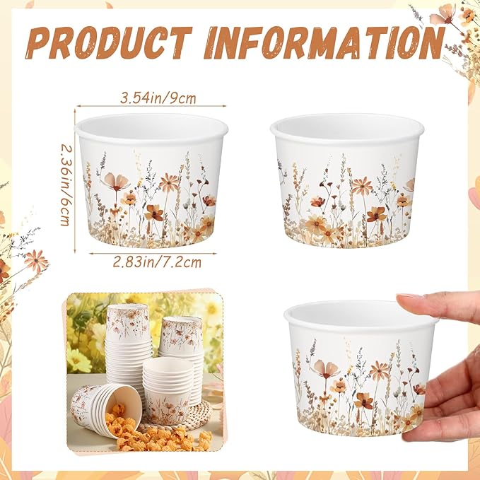 50 Pack Fall Wild Flowers Treat Snack Cups Fall Floral Paper Ice Cream Cups 9 oz Watercolor Disposable Dessert Bowls for Hot or Cold Food Autumn Wedding Baby Shower Birthday Party Supplies