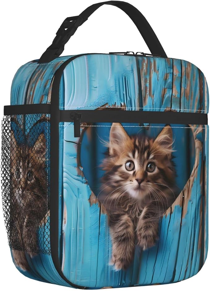 Cat Polyester Lunch Box for Kids Teen,Cute Reusable Thermal Lunch Bag for Adult Women,Heart Kitten Insulated Tote Cooler Bags for School,Work,Picnic,Travel,Blue Wooden Design
