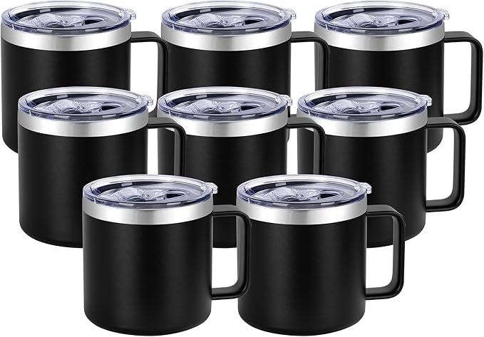 VEGOND 14 oz Insulated Coffee Mug Bulk with Handle, Stainless Steel Travel Coffee Mug with Lid, Double Wall Vacuum Metal Coffee Cup, Coffee Tumbler Powder Coated, Black 8 Pack