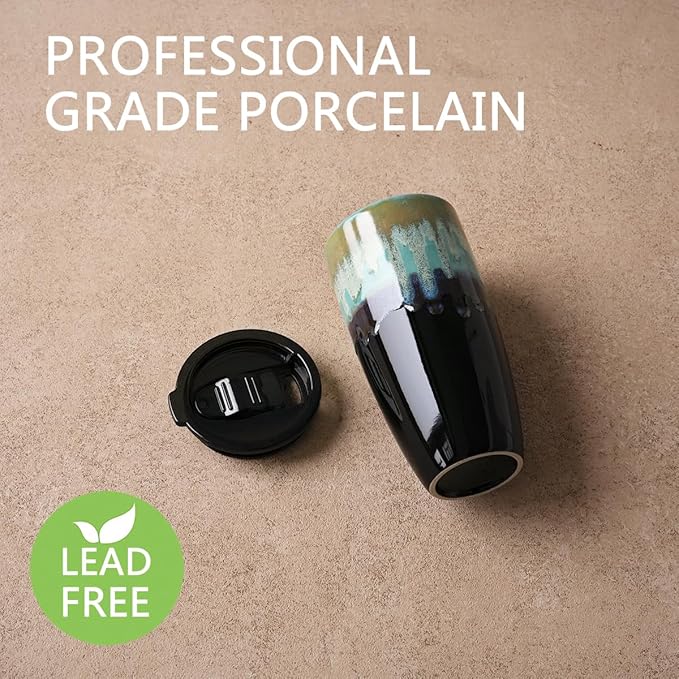 Bosmarlin Ceramic Travel Coffee Mug with Lid, 21 oz, Portable Coffee Cup for Car Cup Holder, Microwave and Dishwasher Safe, Reactive Glaze