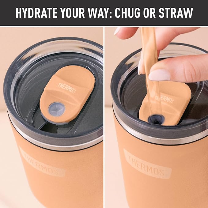 THERMOS Stainless Steel Cup Holder Mug - 40 Ounce, Melon - Insulated Tumbler with Lid and Straw, Plus Leak-Resistant Slide Lock