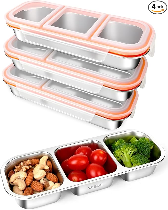 4-Pack Food-Grade Stainless Steel Snack Containers, Multi-Compartment & Leakproof, Ideal for Families & Travel, Stackable, Kid & Adult Bento Storage (4 Pack)