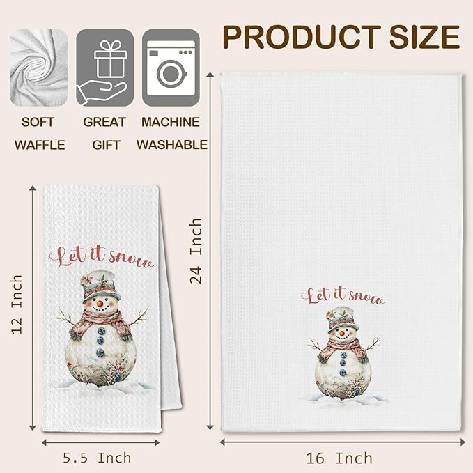 Chinoiserie Winter Snowman Kitchen Towels, Vintage Christmas Dish Towels Drying Cloth for Kitchen, Let It Snow Shabby Chic Xmas Snowman Decorative Hand Towel for Bathroom, 16x24 Inch