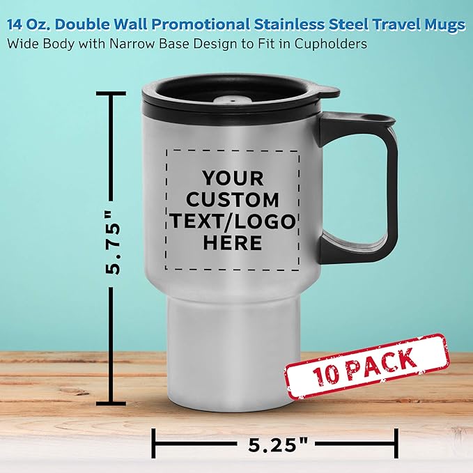 Personalized 14oz Travel Mugs Stainless Steel - 10 Pack - Custom Text, Logo - Stainless Steel