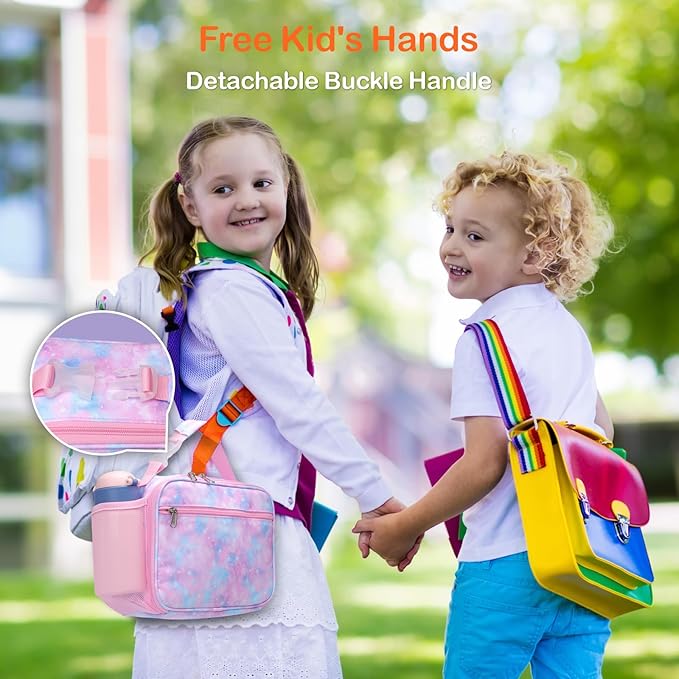 Bagseri Lunch Bag for Girls - Kids Lunch Box for Girls Reusable Leak-Proof and Insulated Kids Lunch Bag Toddler Lunch Box for Daycare and School, Glitter Pink Tie-dye (Water Bottle Not Included)