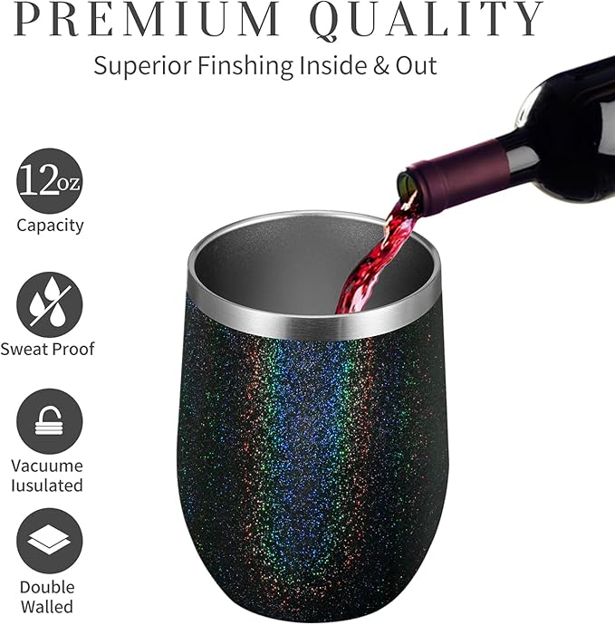 MEWAY 12oz/12 Pack Wine Tumbler Glasses with Lid - Stemless Double Wall Vacuum Stainless Steel Glitter Tumbler - Keeping Cold & Hot Cup for Coffee,Gift for Women(Rainbow Black,Set of 12)