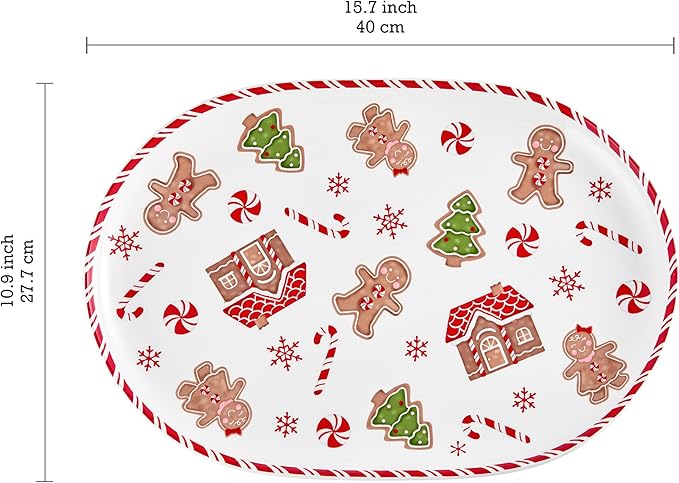 Bico Traditional Christmas Gingerbread Man Ceramic 16 inch plus 12 inch Ceramic Oval Platter, Set of 2, for Serving Turkey, Steak, Salad, Microwave & Dishwasher Safe
