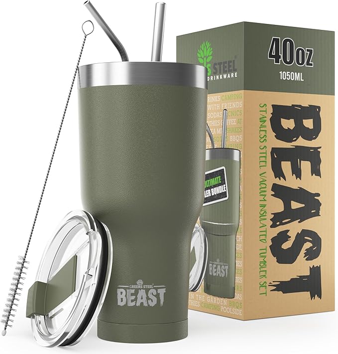 Beast 40 oz Tumbler Stainless Steel Vacuum Insulated Coffee Ice Cup Double Wall Travel Flask (Army Green)