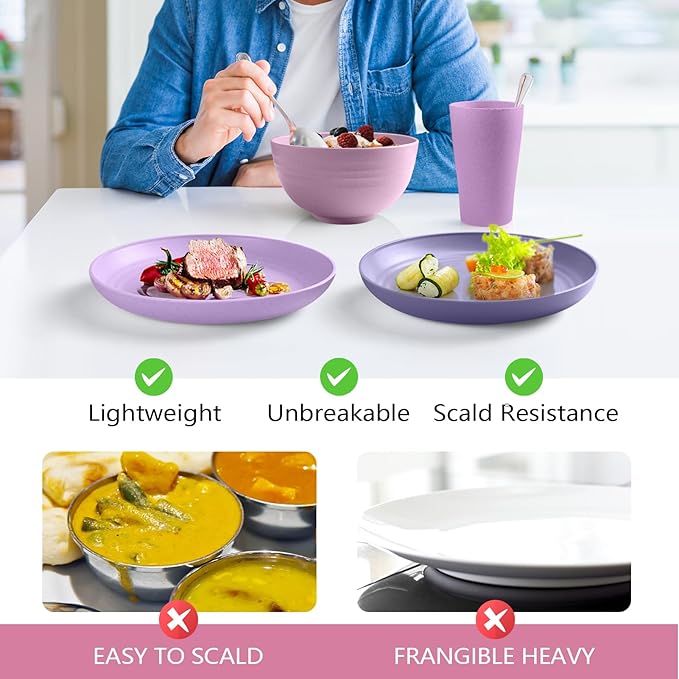 Teivio 32-Piece Kitchen Plastic Wheat Straw Dinnerware Set, Service for 8, Dinner Plates, Dessert Plate, Cereal Bowls, Cups, Unbreakable Colorful Plastic Outdoor Camping Dishes, Purple Ombre