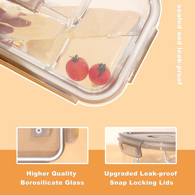 5-Pack Glass Storage Containers,Glass Food Container with Lid,Lunch Box,Bento Box,Storage Box,Meal Prep Containers,Lunch Containers,Fruit Preservation Boxes,Three-partition-Light Gray