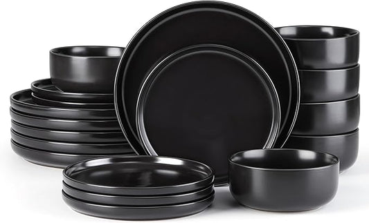 E-far Stoneware Dinnerware Sets for 6, 18-Piece Plates and Bowls Set, Modern Ceramic Dishes Dinning Ware, Microwave & Dishwasher Safe - Matte Black