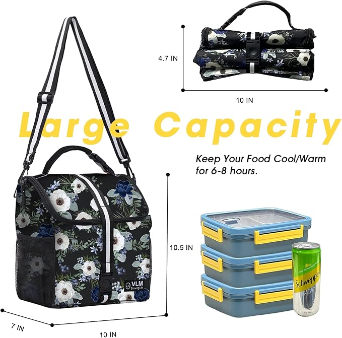 VLM Lunch Box for Women, Insulated Lunch Bag Women with Adjustable Shoulder Strap, Cute Lunch Tote Bag for Work,Picnic,Camping