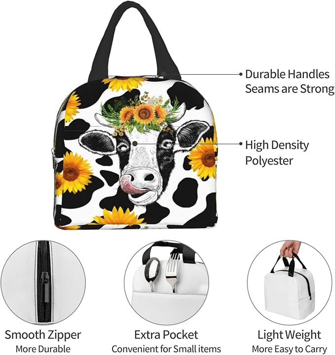 Sunflower Cow Print Portable Lunch Tote Bag Reusable Cute Lunch Box for Men or Women Perfect for office/Camping/Hiking/Picnic/Beach/Travel