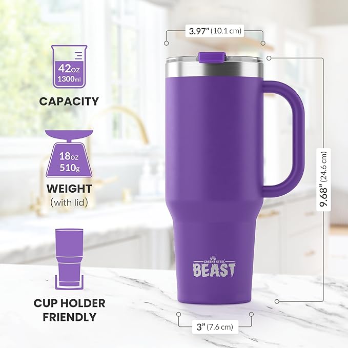 Beast 42 oz Tumbler Stainless Steel Vacuum Insulated Coffee Ice Cup Double Wall Travel Flask (Deep Purple)
