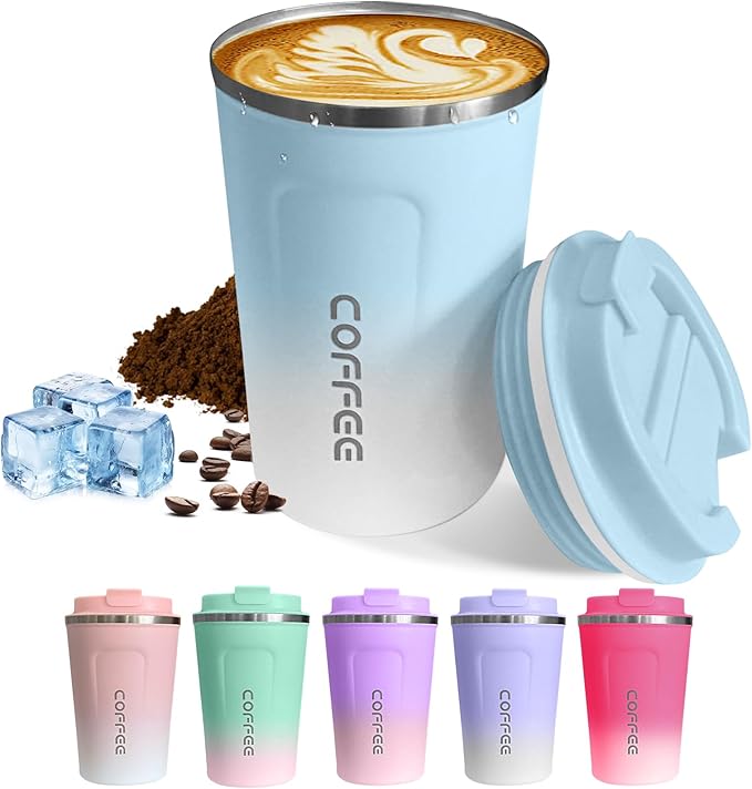 Travel coffee mugs leak-proof, reusable coffee cups with lids, stainless steel vacuum thermos coffee tumblers,thermal insulation cups for men and women hot & cold drinks (2nd-Blue White, 12OZ)