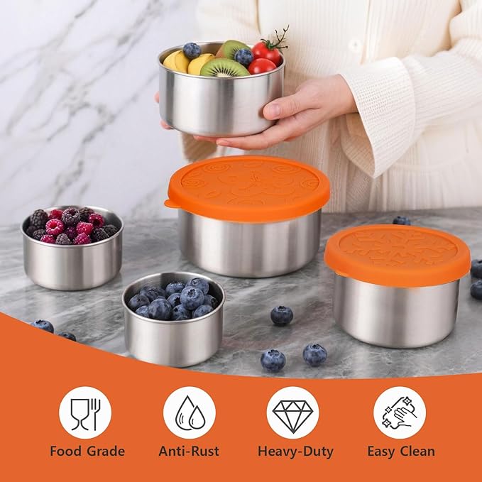6 Pack Stainless Steel Snack Containers with Silicone Lids, Metal Food Storage Container for Snackle Box, Nesting Lunch Box Containers for Travel